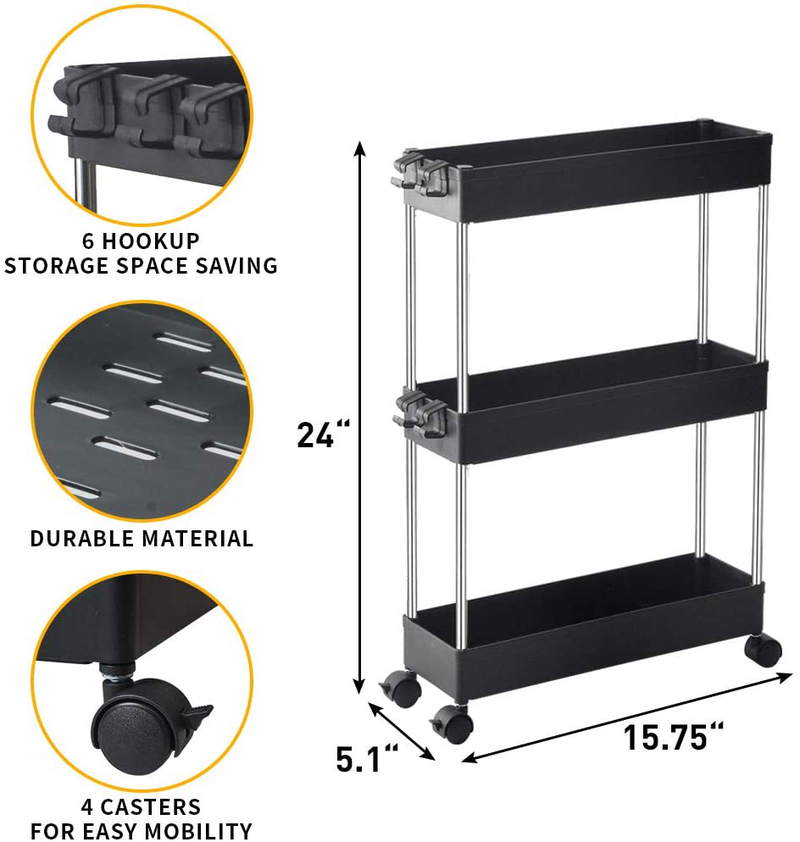 SPACEKEEPER Slim Storage Cart 3 Tier Mobile Shelving Unit Organizer Slide Out Storage Rolling Utility Cart Tower Rack for Kitchen Bathroom Laundry Narrow Places, Plastic & Stainless Steel, Black Home & Garden > Kitchen & Dining > Food Storage SPACEKEEPER   