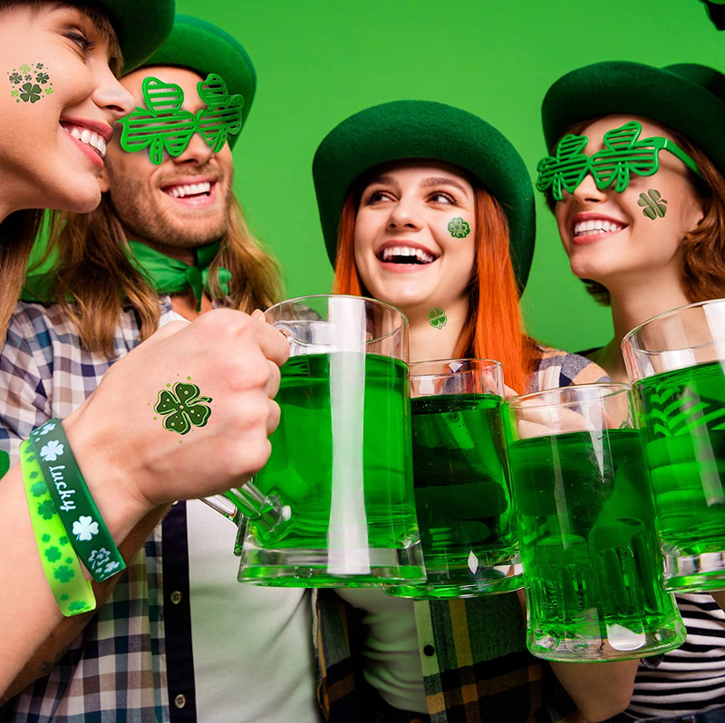 St Patricks Day Accessories Decorations - 96 Pcs Including Green Shamrock Necklace, Glasses, Mustaches, Rubber Bracelets, Temporary Tattoos Irish Saint Patricks Stickers (Green1) Arts & Entertainment > Party & Celebration > Party Supplies DLY   