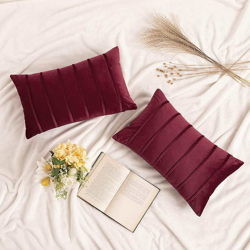 MIULEE Decorative Velvet Throw Pillow Covers Soft Solid Pillowcases Striped Lumbar Rectangle Cushion Covers for Couch Sofa Bed Living Room 12X20 Inch, Pack of 2, Wine Red Home & Garden > Decor > Chair & Sofa Cushions MIULEE Wine Red 12''x20'' 