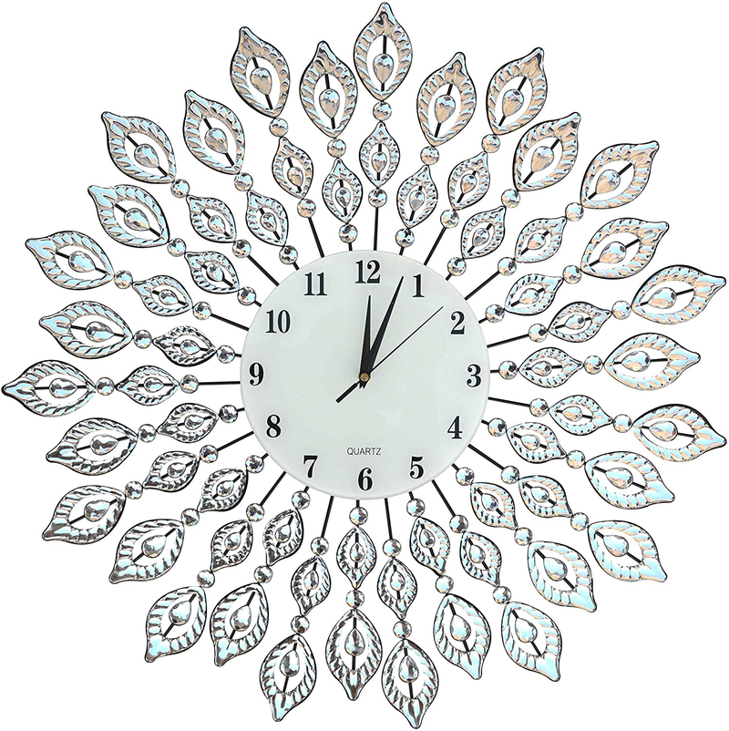 Lulu Decor, 25” Crystal Leaf Metal Wall Clock, 9” White Glass Dial with Arabic Numerals, Decorative Clock for Living Room, Bedroom, Office Space