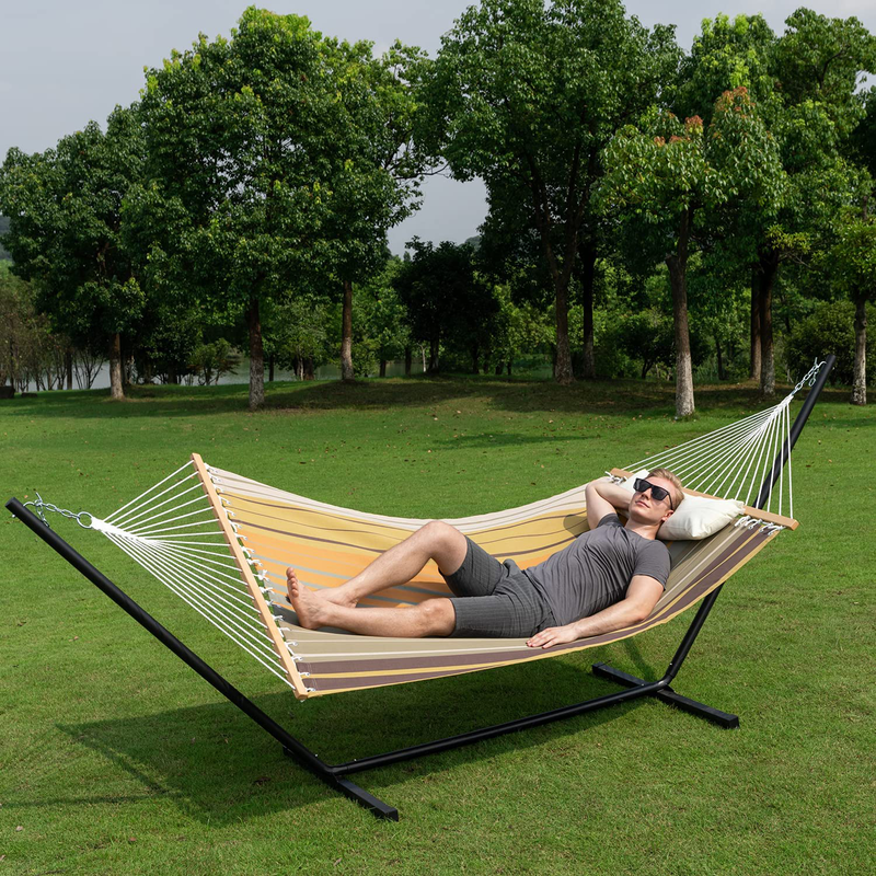Gafete Waterproof 2 Person Hammock with Stand Included Heavy Duty Textilene Double Hammock with Pillow for Outdoor, Max 475lbs Capacity, Quick Dry (Coffee)