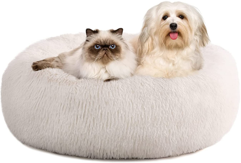Kimicole Cozy Donut Calming Dog Bed Cat Bed, Super Soft Fluffy Washable anti Anxiety Plush Home Pet Beds for Small Medium Dogs Cats, Fuzzy Self-Warm Non-Slip round Puppy Kitten Bed Animals & Pet Supplies > Pet Supplies > Dog Supplies > Dog Beds Kimicole White Large 30" x 30" 