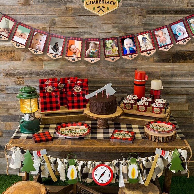 Lumberjack First Birthday Photo Banner Baby Monthly Photo Prop Buffalo Plaid Camping Bunting Garland, Woodland Party Decor Home & Garden > Decor > Seasonal & Holiday Decorations BCHOCKS   