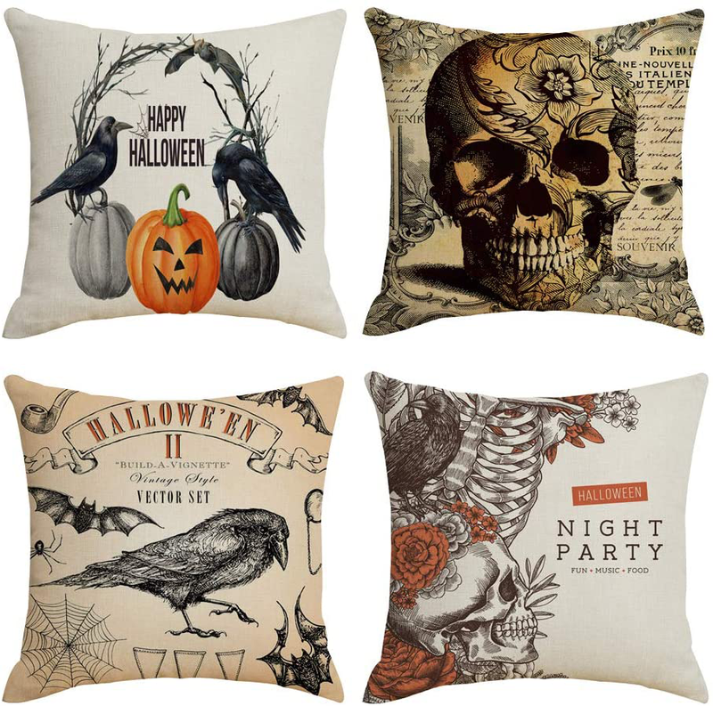 QIQIANY Set of 4 Vintage Halloween Throw Pillow Covers 18x18 Inch Square Linen Crow Pumpkin Skull and Owl Decoeative Vintage Halloween Autumn Farmhouse Home Decor for Sofa Bed Chair Living Room Arts & Entertainment > Party & Celebration > Party Supplies QIQIANY Color-12  