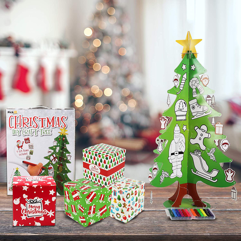 PickMe DIY Craft Christmas Tree for Kids | Mini 3D Coloring Xmas Tree with 24 Ornaments, 12 Washable Markers, 4 Gift Boxes, 3M LED Strip Light | for Home & Classroom (6Pcs 2.95ft) Home & Garden > Decor > Seasonal & Holiday Decorations > Christmas Tree Stands PickMe   