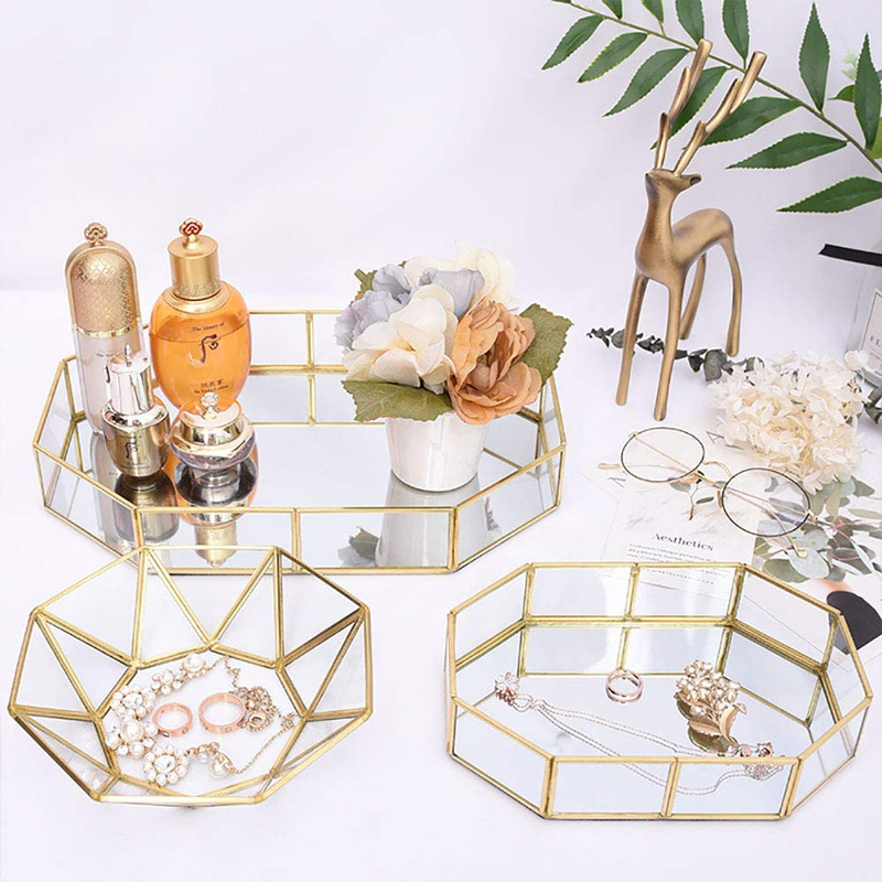Polbecky Vintage Makeup Jewelry Organizer Mirrored Glass Tray Handmade Home Decorative Metal Vanity Tray,Gold Leaf Finish(12.4"x8.5"x1.9")