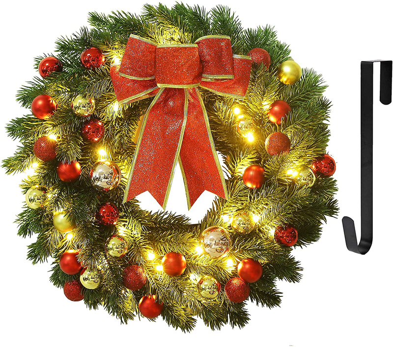 Juegoal 16 Inch Pre-Lit Christmas Wreath with Metal Hanger, Large Red Bow and Colored Balls, Battery Operated with Warm White 40 LEDs Lights, Front Door Spruce Lighted Wreath X-max Decorations Home & Garden > Decor > Seasonal & Holiday Decorations& Garden > Decor > Seasonal & Holiday Decorations Juegoal 16 Inch  