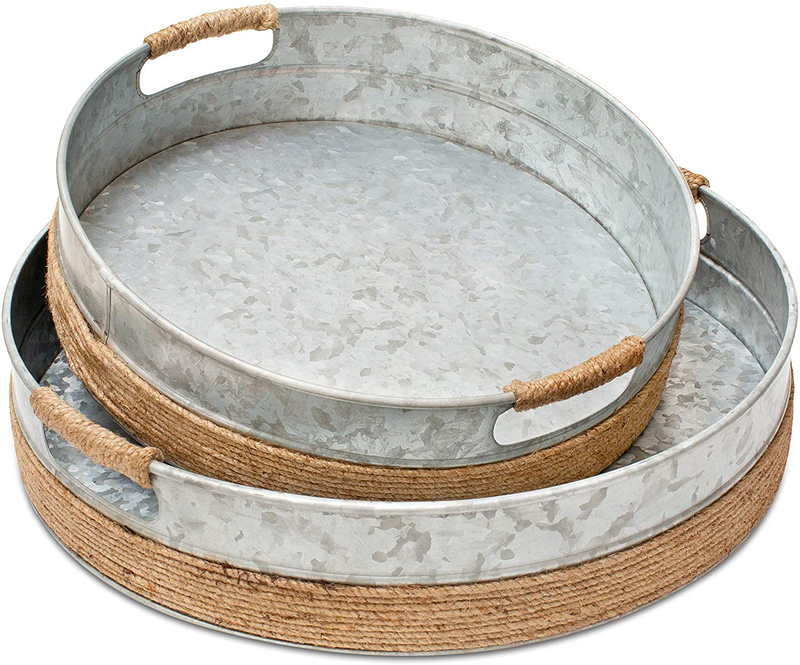 Rustic Galvanized Metal Serving Trays with Rope-Covered Handles – Set of 2 (15 inch and 12 inch) - Round Decorative Butler Trays – Perfect for Farmhouse Coffee Table Centerpiece by Chicerr Home & Garden > Decor > Decorative Trays Chicerr Default Title  