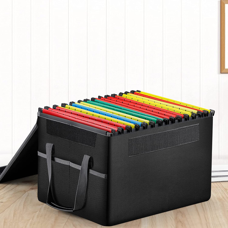 File Box Fireproof File Storage Organizer Box with Lid,Collapsible Document Storage Filing Box for Hanging Letter/Legal Folder,Portable Home Office Safe Box Bin Cabinet with Handle,Black