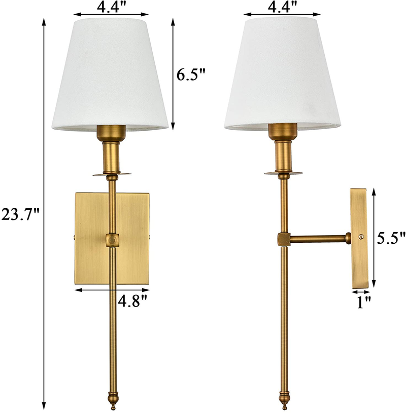Pauwer Slim Wall Sconces Set of 2 White Fabric Shade Wall Sconce Hardwired Indoor Wall Light Column Stand Bedroom Wall Lamp Bathroom Vanity Light Fixture, Antique Brass