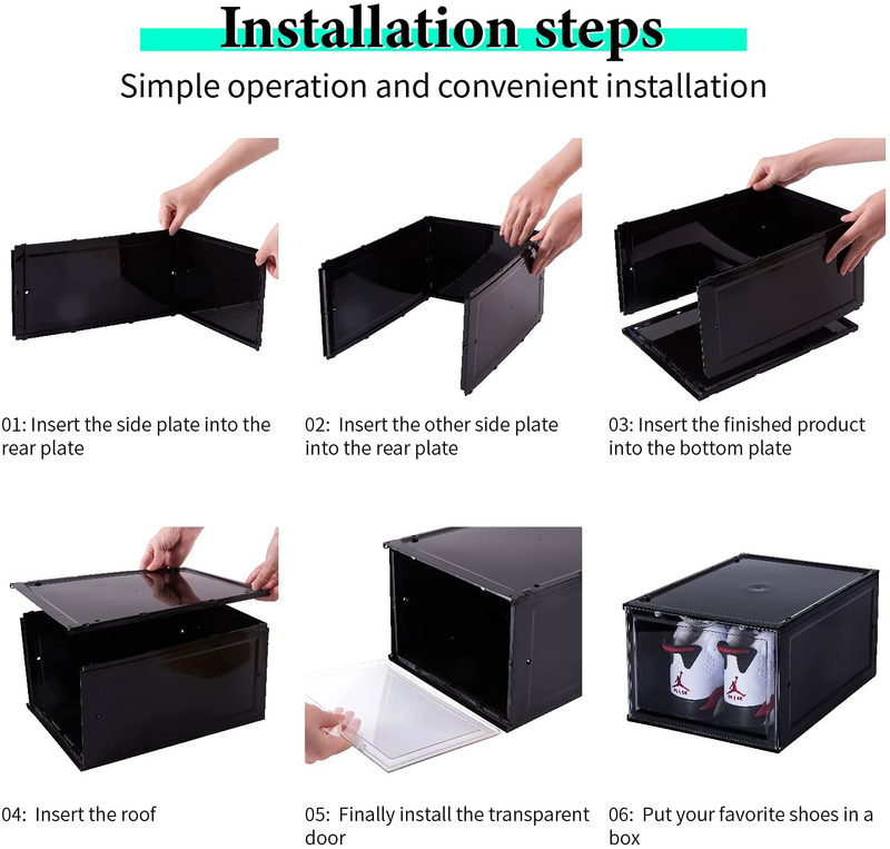 SOGOBOX Drop Front Shoe Box,Set of 6,Shoe Box Clear Plastic Stackable,Shoe Containers with Lids,Shoe Storage Box and Shoe Organizer for Display Sneakers,Fit up to US Size 12(13.8”X 9.84”X 7.1”) Black