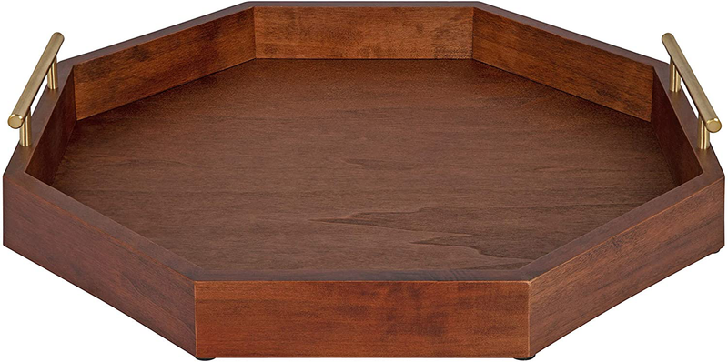 Kate and Laurel Lipton Mid-Century Octagon Wood Decorative Tray, 18" x 18", Walnut Brown and Gold, Decorative Chic Serving Tray