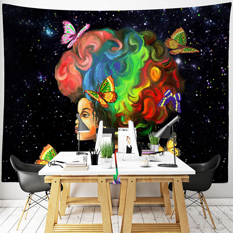 Third Goddess Tapestry Black Starry Girl Wall Hanging- African American Girl with Colorful Butterfly Wall Tapestry 70 x 90 for Home Decor & Gift(180 x 235cm) Home & Garden > Decor > Seasonal & Holiday Decorations Third Goddess   