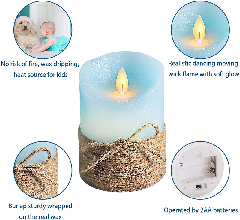 CRYSTAL CLUB Flameless Candles Flickering, LED Blue Pillar Candles Battery Operated with Remote and Timer, Hemp Rope & Real Wax Moving Wick Candle Light for Home Table Bedroom Decor