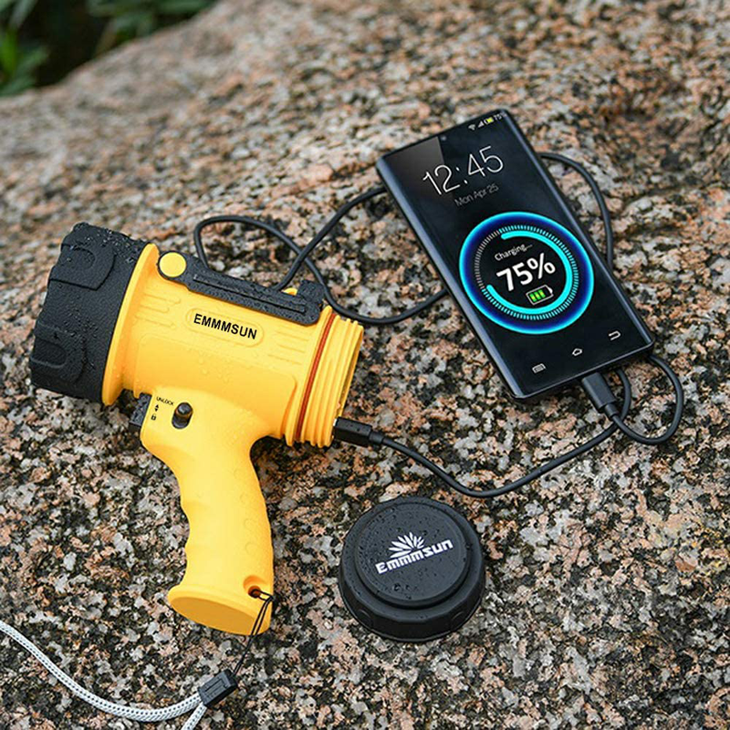 EMMMSUN Rechargeable Spotlight with 1500 Lumens, 3 Light Modes and USB Charger for Hiking, Camping, Boating, Hunting, IP67 Waterproof Handheld Flashlight (yellow)