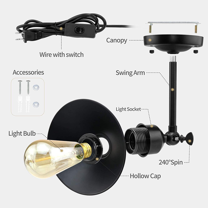 Plug in Wall Sconce, Black Antique Swing Arm Industrial Vintage Wall Lamp Fixture, Plug in Wall Light with on off Switch E26 Base for Restaurants Bathroom Dining Room Kitchen Bedroom 2 Pack