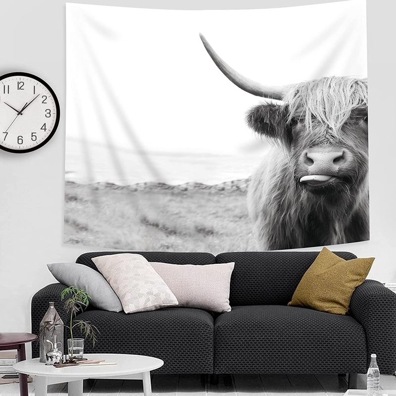 Homewelle Cow Tapestry Animal Highlander 59Wx51H Inch Highland Cattle Bull Portrait Western Cool Funny Farmhouse Cute Sketch Milk Wildlife Aesthetic Wall Hanging Bedroom Living Room Dorm Decor Fabric Home & Garden > Decor > Artwork > Decorative Tapestries Homewelle Gray 59Wx51L 