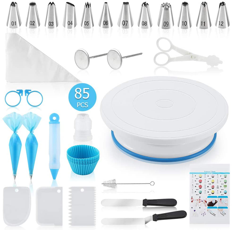 Docgrit Cake Decorating kit- 85PCs Cake Decoration Tools with a Non Slip Base Cake Turntable, 12 Numbered Cake Icing Tips & Guide and Other Cake Decorating Kit for Beginner Home & Garden > Kitchen & Dining > Kitchen Tools & Utensils > Cake Decorating Supplies Docgrit Blue  