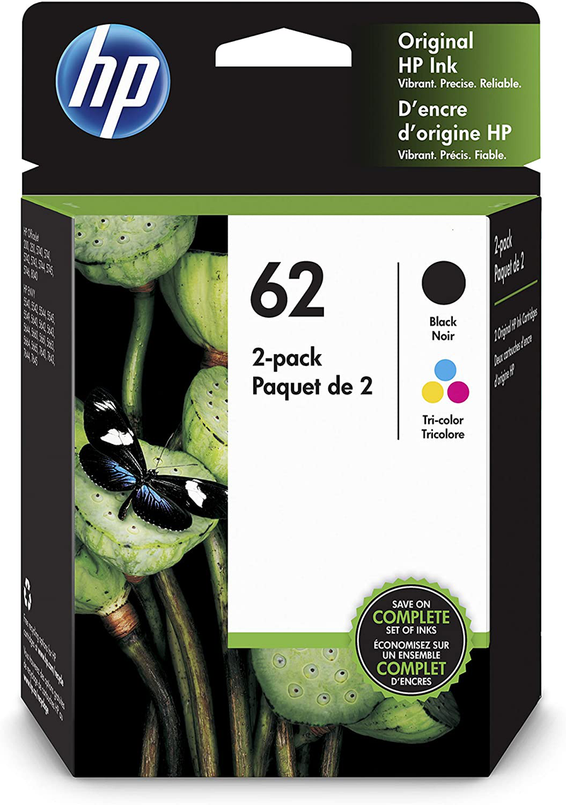 HP 62 | 2 Ink Cartridges | Black, Tri-color | Works with HP ENVY 5500 Series, 5600 Series, 7600 Series, HP OfficeJet 200, 250, 258, 5700 Series, 8040 | C2P04AN, C2P06AN