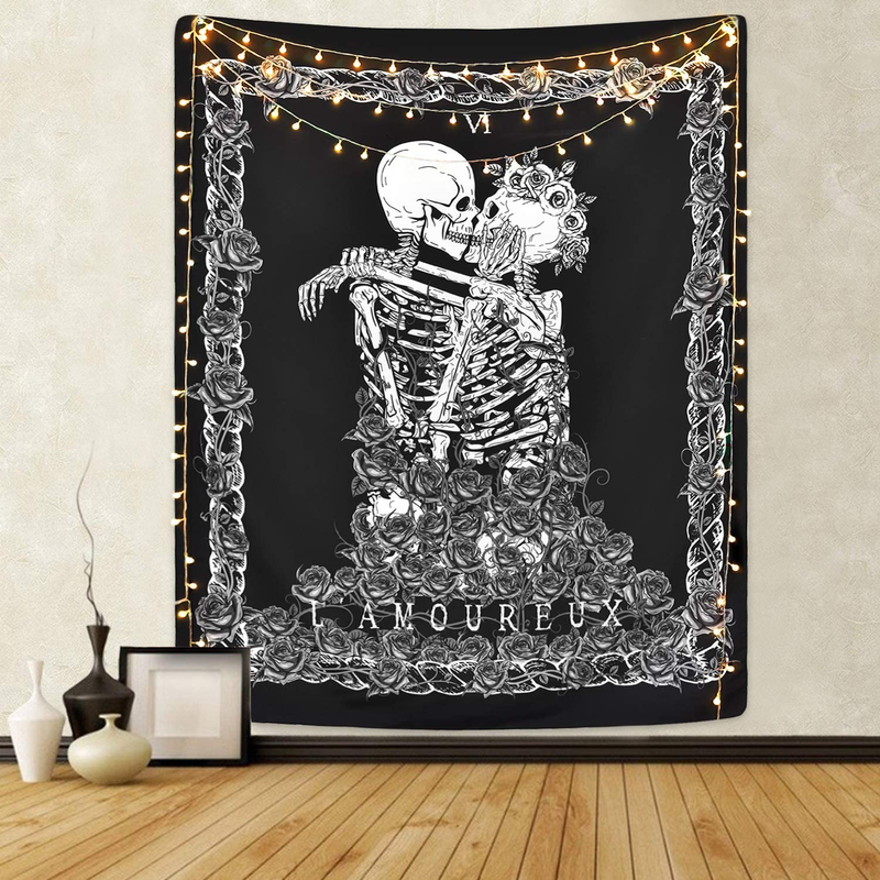 Skull Tapestry The Kissing Lovers Tapestry Black Tarot Tapestry Human Skeleton Tapestry for Room Home & Garden > Decor > Artwork > Decorative Tapestries Krelymics Skull Lover 51.2" x 59.1" 