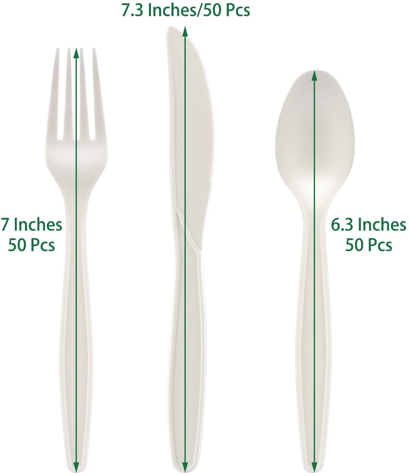Fuyit 150 Count Compostable Cutlery Set, Disposable Biodegradable Utensils Eco-friendly Durable Cornstarch Flatware Includes 50 Forks, Knives & Spoons for Party, BBQ, Picnic & Potlucks (White) Home & Garden > Kitchen & Dining > Tableware > Flatware > Flatware Sets Fuyit   
