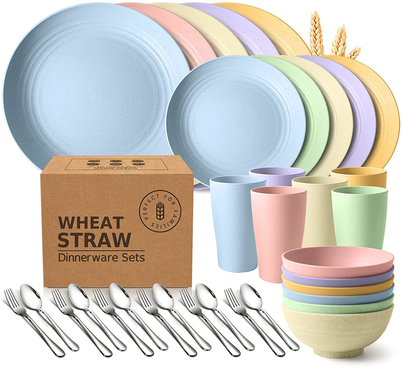 Teivio 24-Piece Kitchen Wheat Straw Dinnerware Set, Dinner Plates, Dessert Plate, Cereal Bowls, Cups, Unbreakable Plastic Outdoor Camping Dishes (Service for 6 (24 piece), Multicolor) Home & Garden > Kitchen & Dining > Tableware > Dinnerware Teivio Multicolor Service for 6 (24 piece with flatware) 