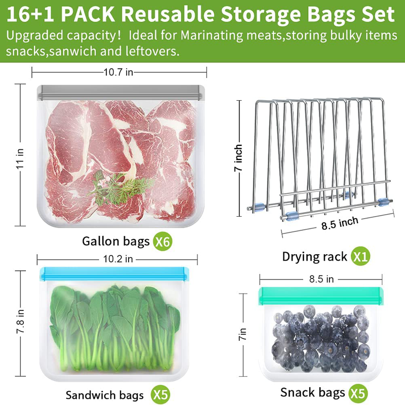 Reusable Storage Bags,16 Pack BPA Free Reusable Freezer Bags (5 Reusable Sandwich Bags, 5 Reusable Snack Bags, 6 Reusable Gallon Bags), Leakproof Reusable Silicone Food Bags Home & Garden > Kitchen & Dining > Food Storage WONDAY   