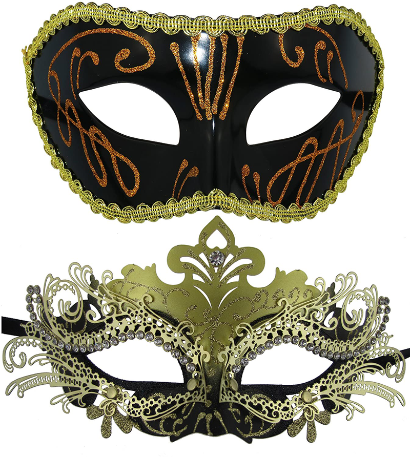 Couple Masquerade Metal Masks Venetian Halloween Costume Mask Mardi Gras Mask Apparel & Accessories > Costumes & Accessories > Masks Coddsmz Black-gold+black-gold-2  
