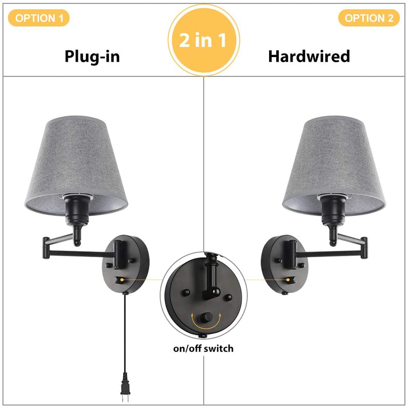 HAITRAL Swing Arm Wall Lamps- Dimmble Plug in Wall Sconces with Grey Shade, Plug-In or Hardwired Wall Lights, Wall Lamps for Bedroom, Bedside, Living Room, Office, Farmhouse Home & Garden > Lighting > Lighting Fixtures > Wall Light Fixtures KOL DEALS   