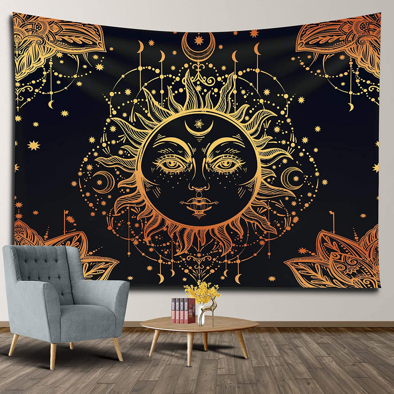 Sun and Moon Tapestry Wall Hanging Black and Golden Psychedelic Tapestries for Bedroom Decor Mystic Mandala Indie Dorm Aesthetic Decorations (Polyester, 59.1" X 78.7") Home & Garden > Decor > Artwork > Decorative Tapestries APKOL Polyester 59.1" X 78.7" 