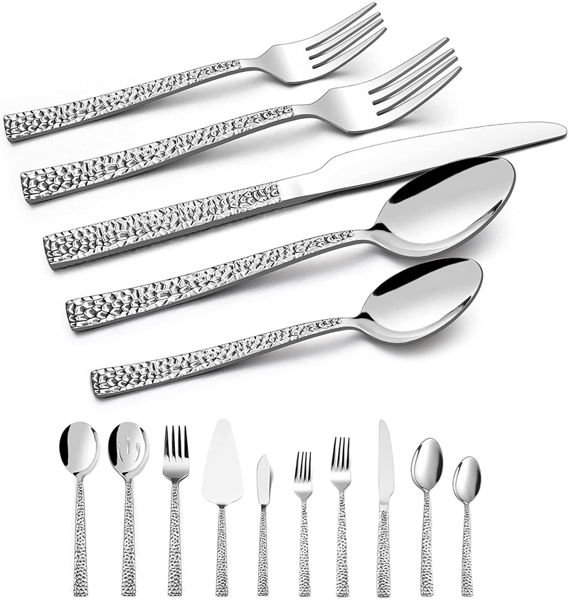 Hammered 65-Piece Silverware Set for 12, HaWare, Stainless Steel Flatware Cutlery Serving Utensils, Modern Design Eating Tableware for Home Kitchen Hotel Restaurant, Mirror Polished, Dishwasher Safe Home & Garden > Kitchen & Dining > Tableware > Flatware > Flatware Sets HaWare Square 65 Pieces 