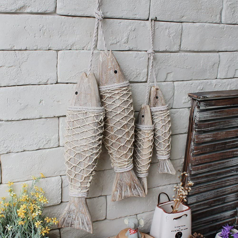 Olibay Hanging Wooden Fish Decorated Mediterranean Style Vintage Home Decoration Home & Garden > Decor > Artwork > Sculptures & Statues Olibay Large  