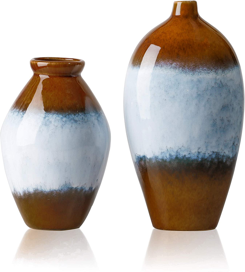 TERESA'S COLLECTIONS Rustic Reactive Glazed Ceramic Vase, Blue and Brown Decorative Vases for Bedroom, Windowsills, Desktop, Living Room, 12 inch, Set of 2