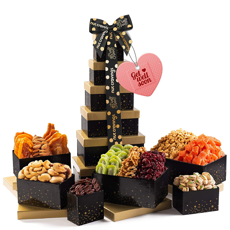 Dried Fruit & Nuts Gift Basket Black Tower + Ribbon (12 Piece Set) Valetines Day 2022 Idea Food Arrangement Platter, Birthday Care Package Variety, Healthy Kosher Snack Box for Adults Prime Home & Garden > Decor > Seasonal & Holiday Decorations Nut Cravings E - Get Well Soon  