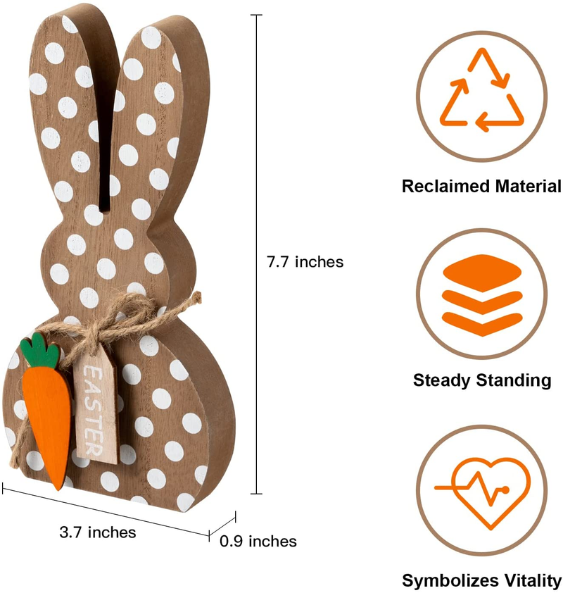 DECSPAS Easter Decorations for the Home, 3 PCS Wood Spotted Easter Bunny Ornaments Decor, Carrots Wood Block "EASTER" "HOP to IT" "Hoppity" Sign Farmhouse Easter Table Decor for Living Room, Dining Table - Brown/ White/ Green