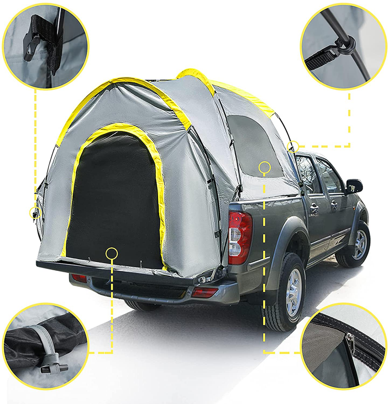 Portable Waterproof Truck Tent PU2000 Mm, 6.8' X 5.4' X 5.5' / 8.4' X 5.6' X 5.6' Full Size Truck Tent Camping Hiking Outdoor Oxford Waterproof Pickup Truck Tent Can Sleep 2 People, Easy to Install