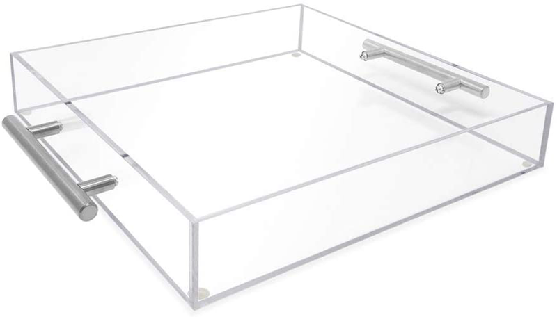 Isaac Jacobs Clear Acrylic Serving Tray (11x14) with Gold Metal Handles, Spill-Proof, Stackable Organizer, Food & Drinks Server, Indoors/Outdoors, Lucite Storage Décor (11x14, Clear with Gold Handle) Home & Garden > Decor > Decorative Trays Isaac Jacobs International Clear With Silver Handle 12x12 