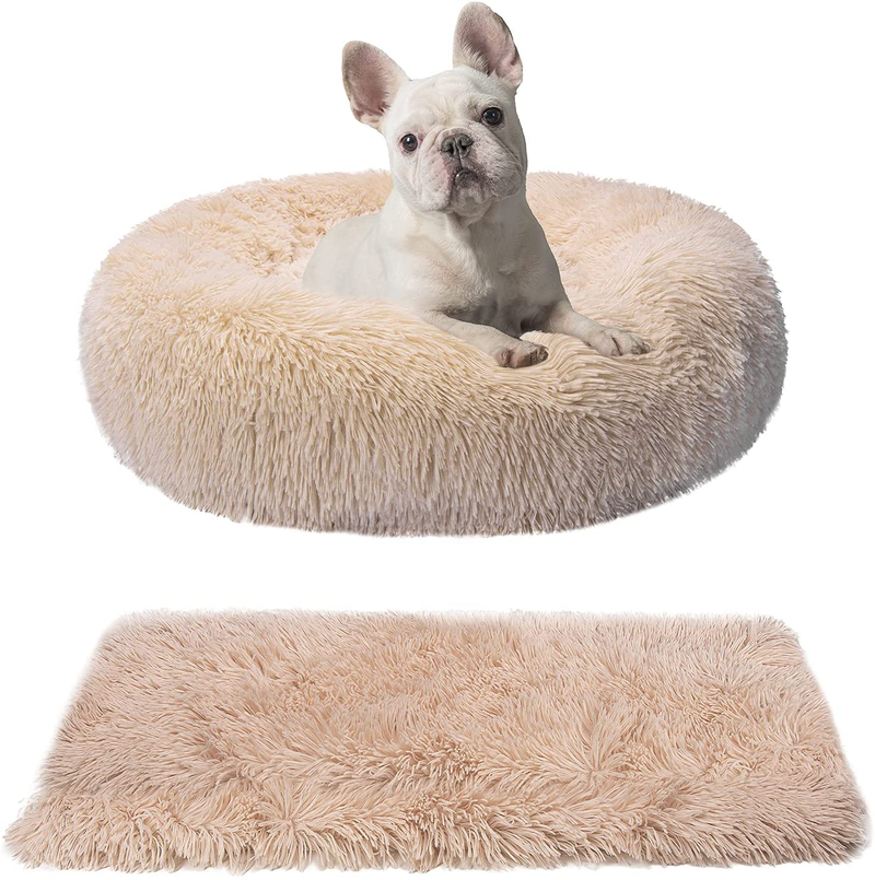 Jaten Calming Dog Beds for Medium Dogs with Blanket, Faux Fur Cat Beds Donut Cuddler, Comfy Self Warming Pet Bed Fits up to 35 Lbs Pets, Apricot  JATEN Apricot 24"x18" 