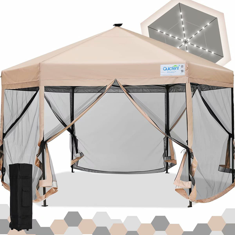 Quictent 13’ X 13’ Hexagonal Gazebo with Solar Powered LED Lights Pop up Canopy Tent with Mosquito Net ,Easy up Screened Canopy Gazebo, Beige Sporting Goods > Outdoor Recreation > Camping & Hiking > Mosquito Nets & Insect Screens Quictent   