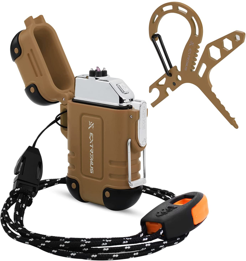 Extremus Waterproof Electric Lighter,Outdoor USB Rechargeable Flameless Lighter, Windproof Dual Arc Plasma Lighters for Camping,Hiking,And Other Outdoor Adventures, Paracord Carabiner Survival Tool Sporting Goods > Outdoor Recreation > Camping & Hiking > Camping Tools Extremus G: Combo-bronze  