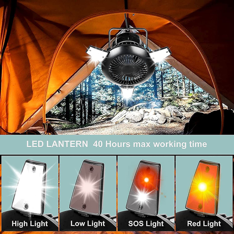 Solar Camping Fan with LED Light with Hanging Hook Portable Tent Fan ，Personal Fans， Lantern Rechargeable USB Emergency Outages for Home Office Car Outdoor