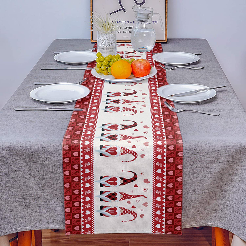Linen Burlap Table Runner 13X90 Inch, Happy Valentine'S Day Cute Gnomes Hold Heart Red Plaid Non-Slip Farmhouse Kitchen Table Runners Dresser Scarves for Family Dinner Wedding Holiday Party Decor Home & Garden > Decor > Seasonal & Holiday Decorations FAMILYDECOR   