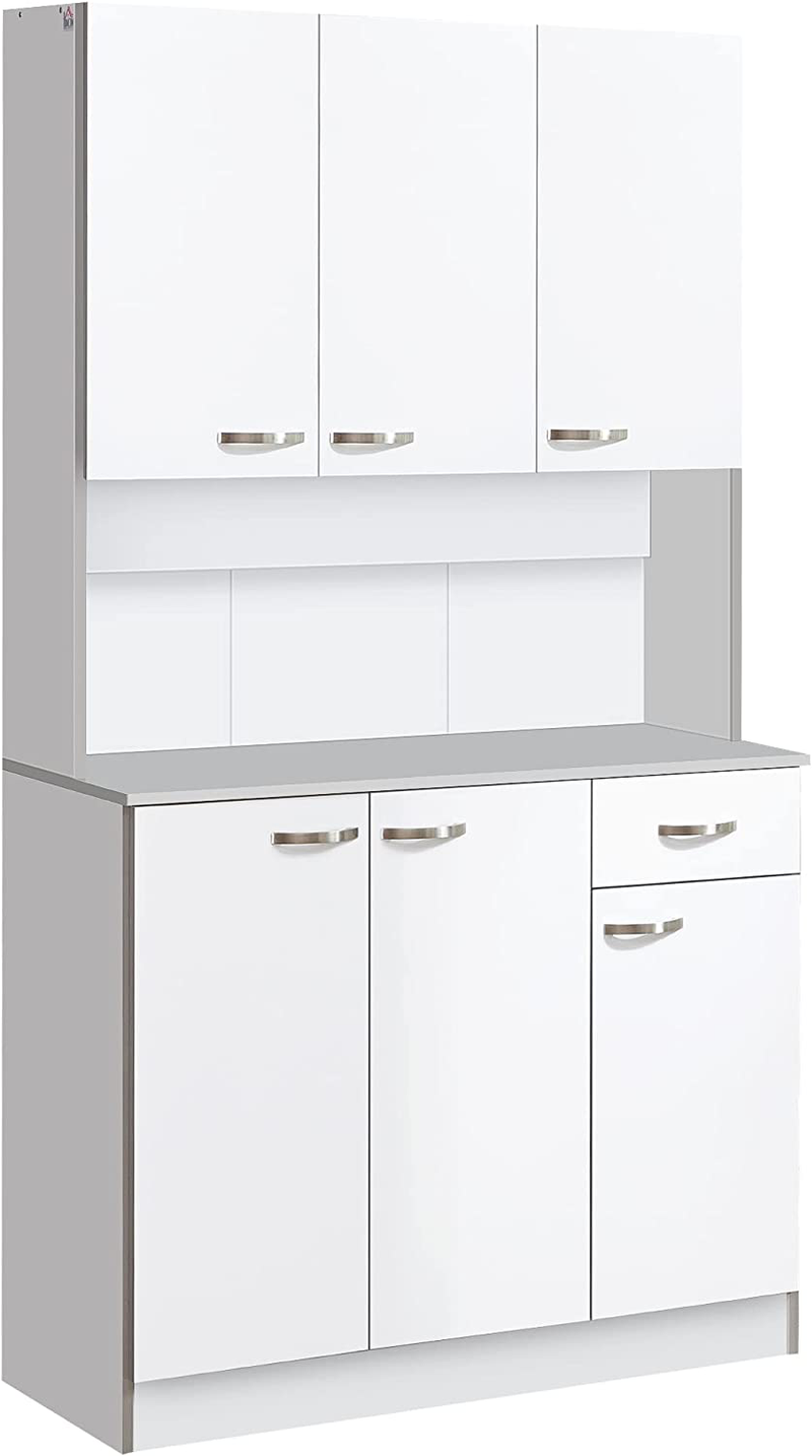HOMCOM 71" Freestanding Kitchen Buffet Hutch Cupboard with 6 Doors, 3 Adjustable Shelves, and 1 Drawer, White