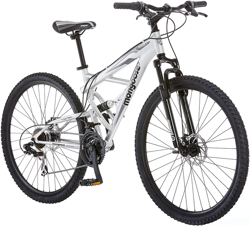 Mongoose Impasse Mens Mountain Bike, 29-Inch Wheels, Aluminum Frame, Twist Shifters, 21-Speed Rear Deraileur, Front and Rear Disc Brakes, Multiple Colors Sporting Goods > Outdoor Recreation > Cycling > Bicycles Mongoose Silver Impasse 
