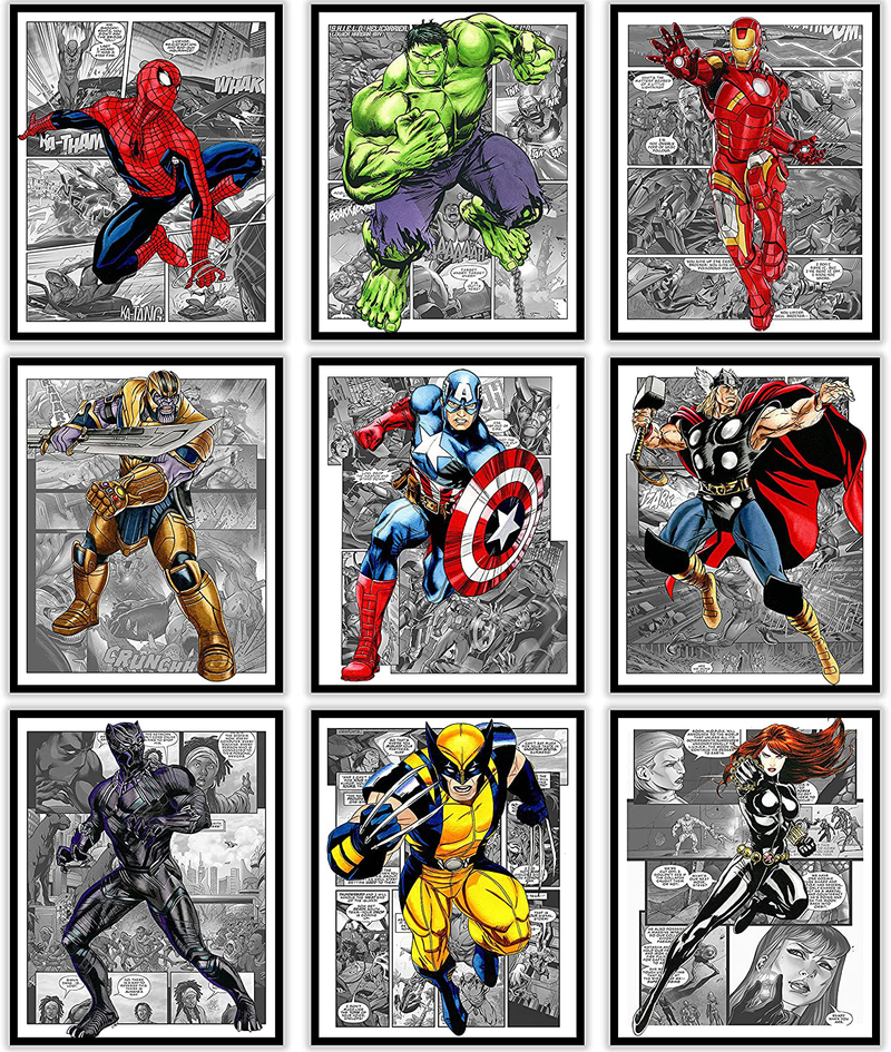 Superhero Avengers Marvel Watercolor Posters Prints Pictures Wall Art Decor Decorations Gifts Merch Comics Characters for Boys Room Nursery Kids Rooms Bedrooms Toddlers Teens Bathrooms Girls Rooms - 8X10 Inches UNFRAMED Set of 9 by GROUP DMR (SHG) Home & Garden > Decor > Artwork > Posters, Prints, & Visual Artwork GROUP DMR   