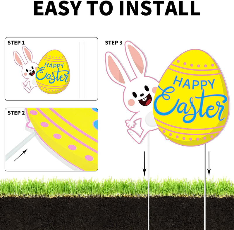 Durony 10 Pieces Outdoor Easter Yard Decorations Happy Easter Yard Signs with Stakes Waterproof Easter Rabbit Eggs Chick Yard Signs Colorful Lawn Decorations for Easter Party Supplies