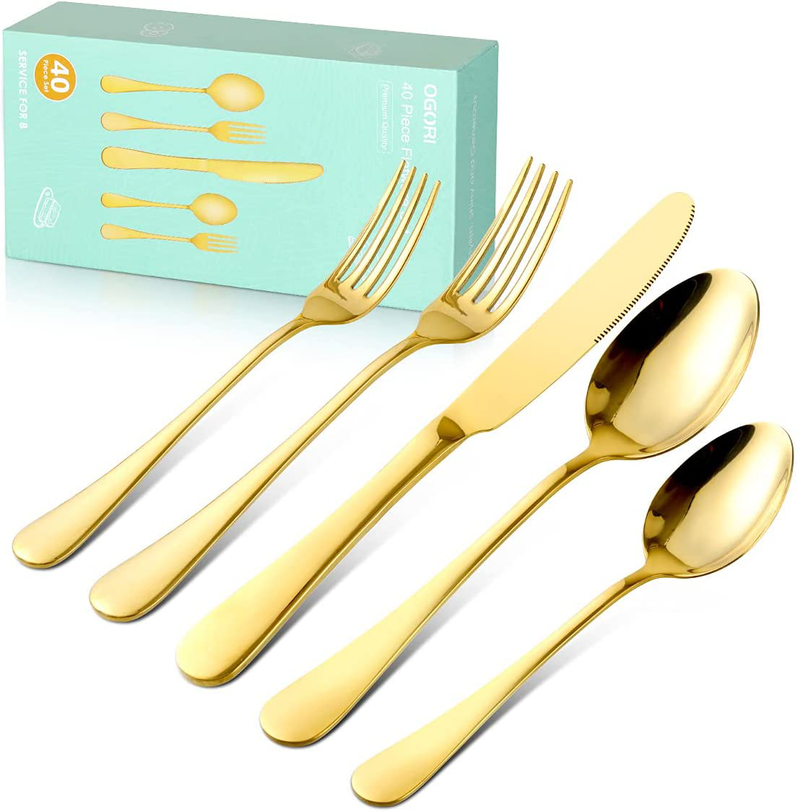OGORI 40-Piece Gold Silverware Flatware Set for 8, Superior Stainless Steel Cutlery Set with Gift Box, Mirror Finish Home & Garden > Kitchen & Dining > Tableware > Flatware > Flatware Sets OGORI Gold  