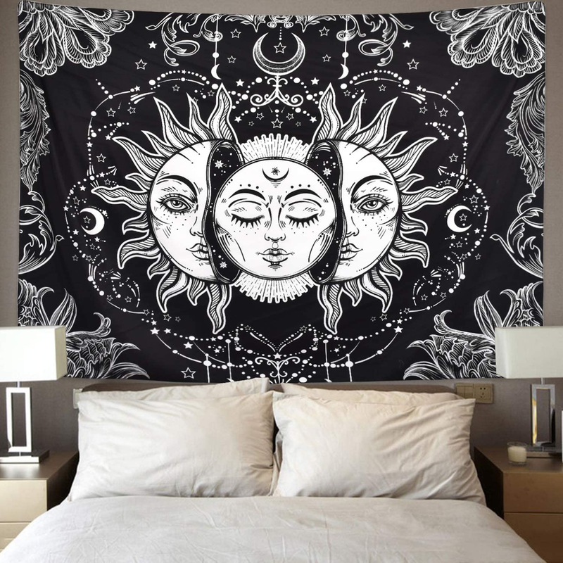 Sun and Moon Tapestry Black and White Burning Sun with Stars Tapestry Psychedelic Tapestry Indian Tapestry for Room Home & Garden > Decor > Artwork > Decorative Tapestries Sevenstars   