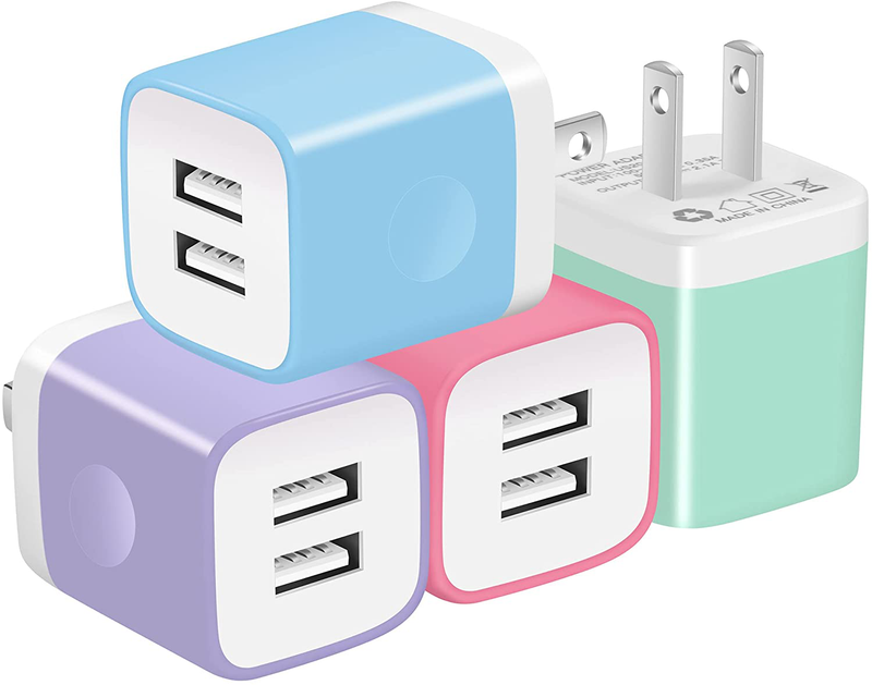 X-EDITION USB Wall Charger,4-Pack 2.1A Dual Port USB Cube Power Adapter Wall Charger Plug Charging Block Cube for Phone 8/7/6 Plus/X, Pad, Samsung Galaxy S5 S6 S7 Edge,LG, Android (White)  X-EDITION Red,Blue,Green,Purple  