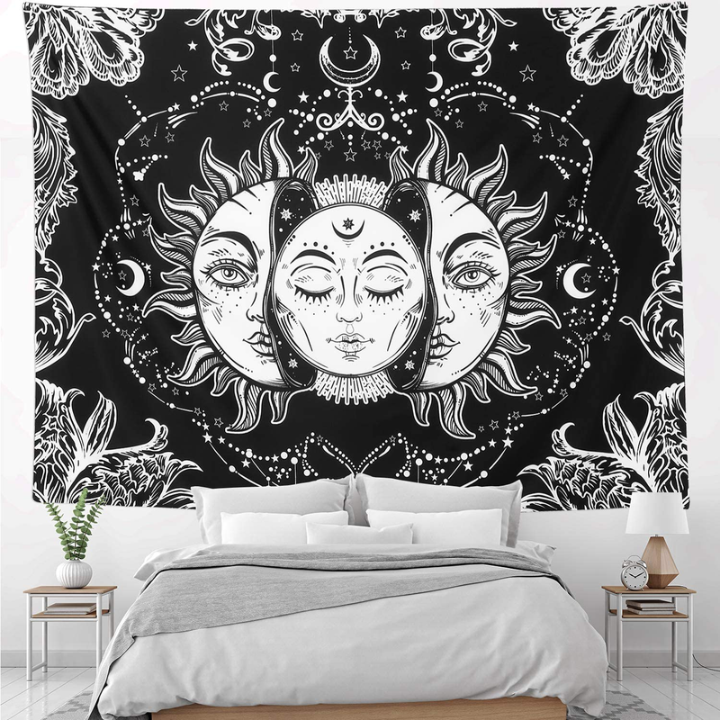 HOMKUMY Wall Tapestry, Moon and Sun Black White Hippie Tapestry Bohemian Psychedelic Indian Wall Hanging Popular Mystic Art Tapestry for Home Decor Bedroom Living Room Coverlet Curtain, Medium 59x51" Home & Garden > Decor > Artwork > Decorative Tapestries HOMKUMY   